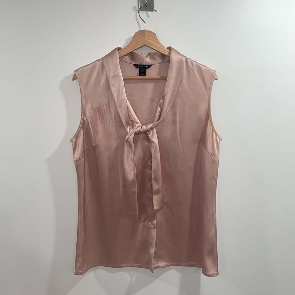 St. John Blush Pink Satin Tie-Neck Sleeveless Blouse